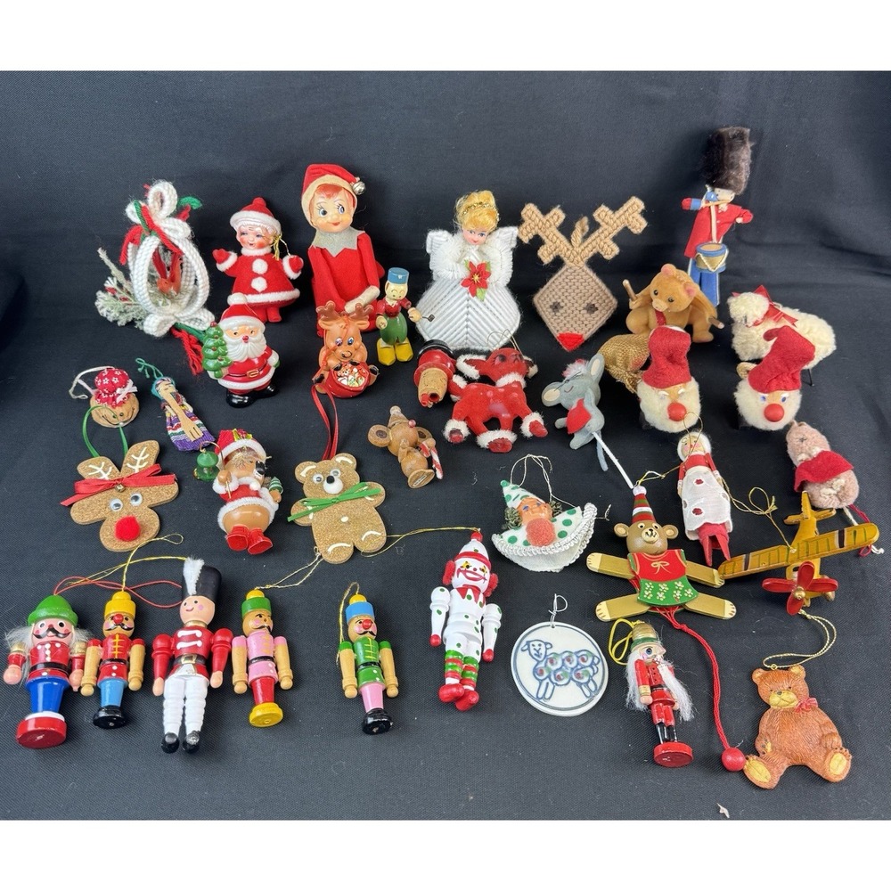 Assorted Vantage Lot Of Christmas Ornaments Flocked Wooden Holiday Decorations